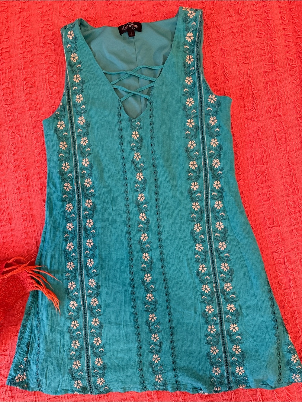 Daisy Floral Embroidered Teal Sleeveless Embroidered Lace-Up Mini Dress